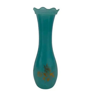 Pretty Vintage Blue Glass Vase With Gold Roses. MCM Style. Scalloped Edge